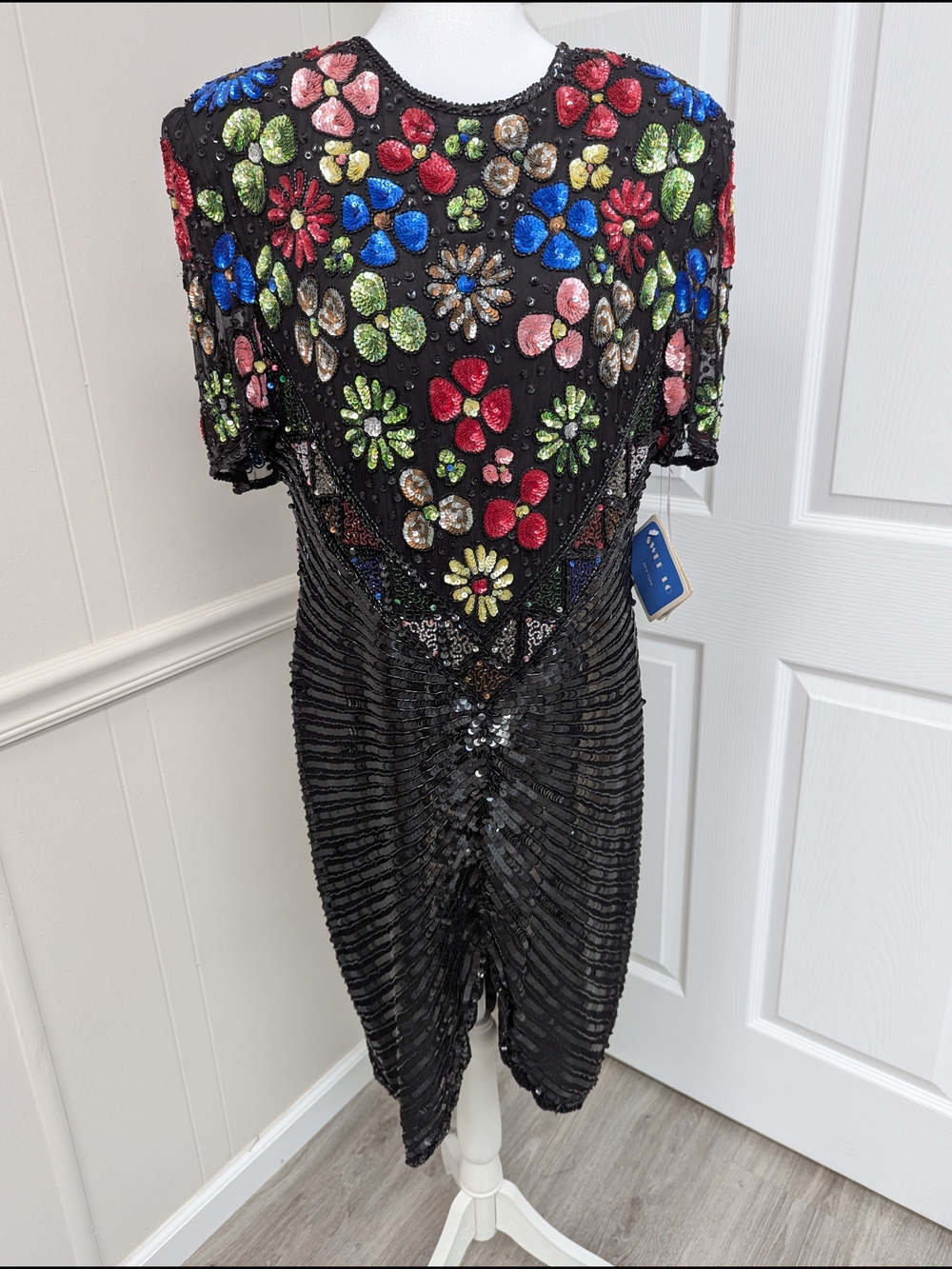Sweelo Vintage Black Sequin Dress with Multicolored Beaded Floral Yoke